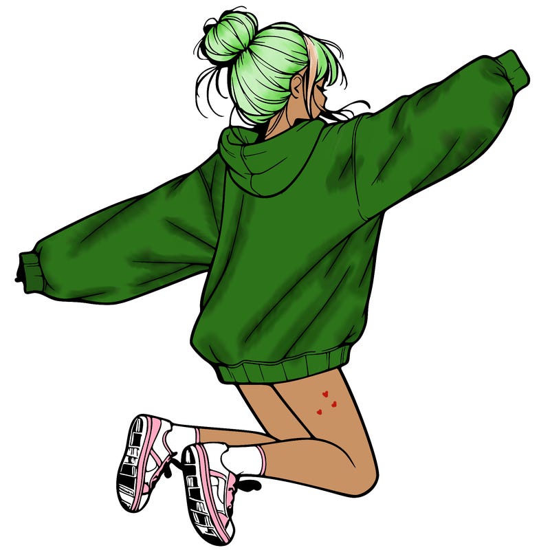 realistic girl jumping with a bun and oversized sweatshirt