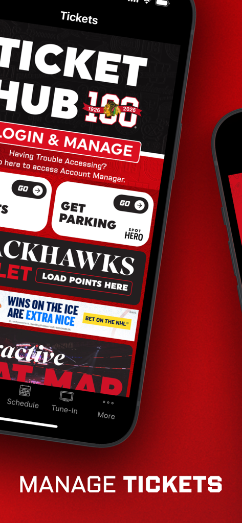 Interface of the Chicago Blackhawks mobile app showing the Ticket Hub screen for managing game tickets and parking options