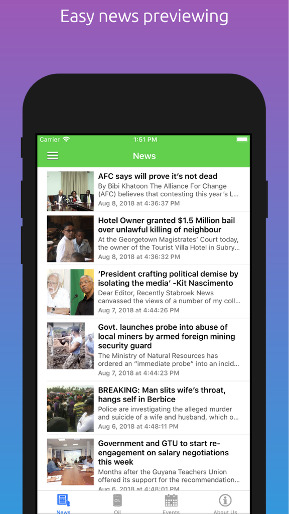 Guyana News by GP - Feed de noticias de la aplicación Guyana News by GP que muestra titulares y miniaturas locales