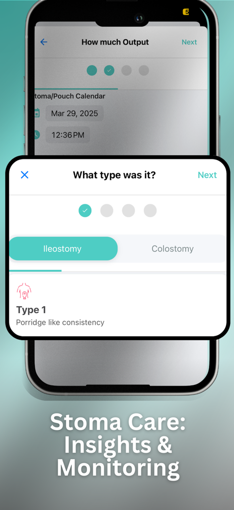 Poop Tracker - FlareCare AI - Pantalla de información y seguimiento del cuidado del estoma para el control de ileostomía y colostomía