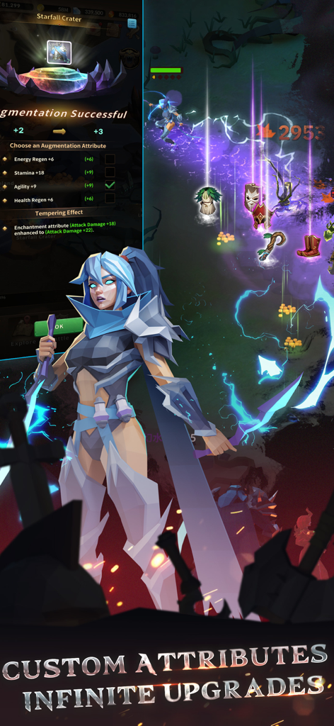 Eternal Ember - Eternal Ember gameplay screen showing gear augmentation options and custom attribute upgrades for heroes.