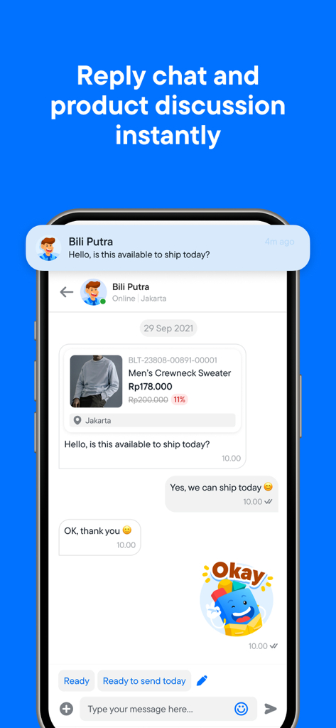 Blibli Seller Center - A mobile app screenshot showing a seller replying to a customer chat about product availability.