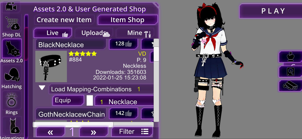 Anime character customization screen with a shop menu for accessories