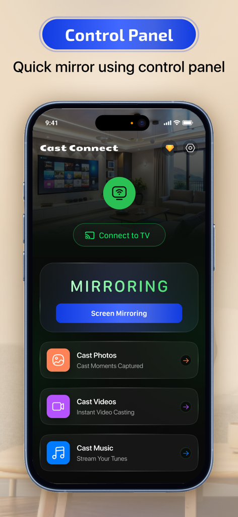 Interfaccia dell'app di screen mirroring Smart View con un pannello di controllo contenente opzioni per trasmettere foto, video e musica a un TV.