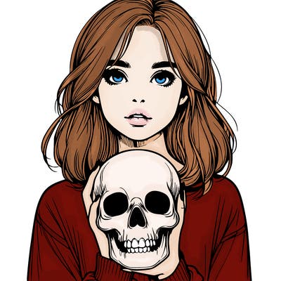 realistic girl holding a skull