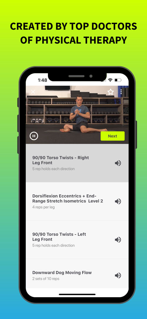 Stretch Mode: Stretching - Stretch Mode app interface showing a mobility exercise video and a list of doctor-designed stretching routines.