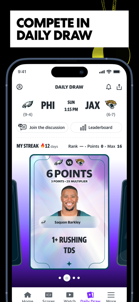Yahoo Sportsアプリのデイリードローゲーム画面。Saquon Barkleyに関するNFL予測カードが表示されています。