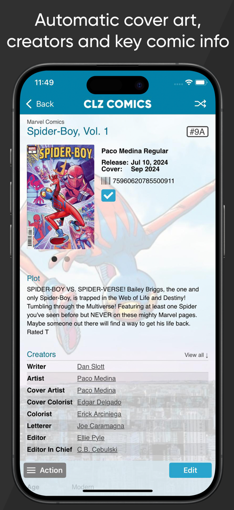 CLZ Comics collection database - CLZ Comics app displaying detailed issue info and cover art for Spider Boy