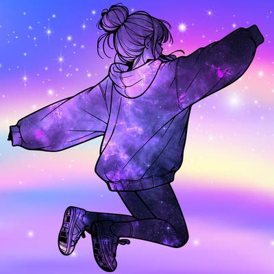 realistic girl jumping with a bun and oversized sweatshirt