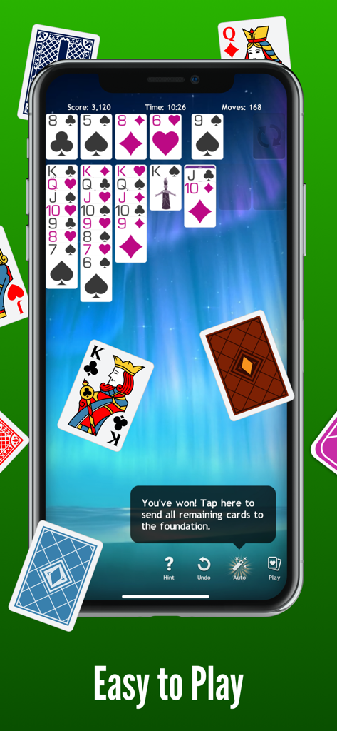 Un teléfono inteligente que muestra un juego de Solitario con un fondo animado azul y una notificación que dice fácil de jugar