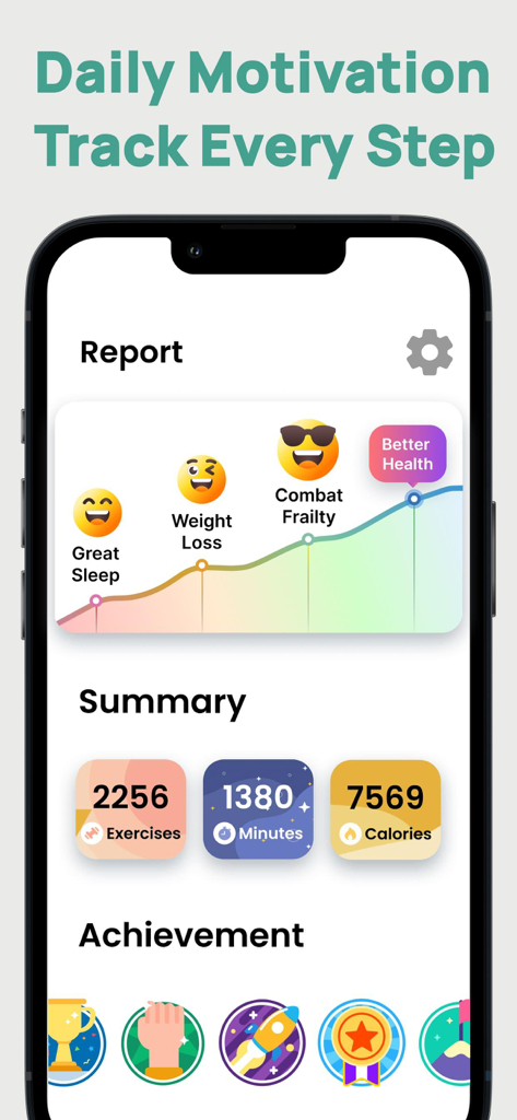 SeniorFit: Workout for Seniors - Panel de la aplicación SeniorFit que muestra el informe de salud y los logros del entrenamiento