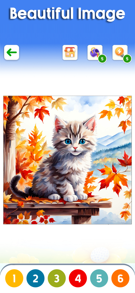 Zen Color Malen nach Zahlen Spieloberfläche mit einem Kätzchen inmitten von Herbstblättern