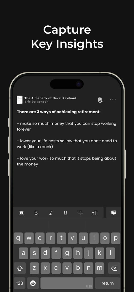 BookNote - Book Tracker & TBR - Pantalla de la aplicación BookNote mostrando la interfaz de toma de notas para capturar ideas clave de los libros