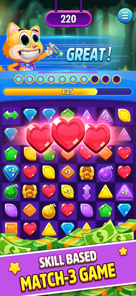 Match 3 Win Cash: Real Money - Captura de pantalla que muestra un tablero de puzle match-3 con gemas y corazones, un personaje de gato caricaturesco e ilustraciones de efectivo que enfatizan la jugabilidad basada en habilidad.