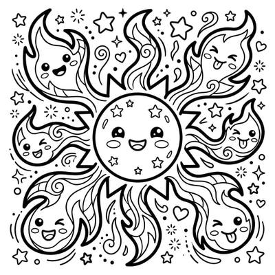 Experience the cosmic charm with our Kawaii Solar Flares coloring page, where celestial phenomena meet adorable artistry. This delightful design features a cheerful sun surrounded by playful, personified solar flares ready for your imaginative touch.