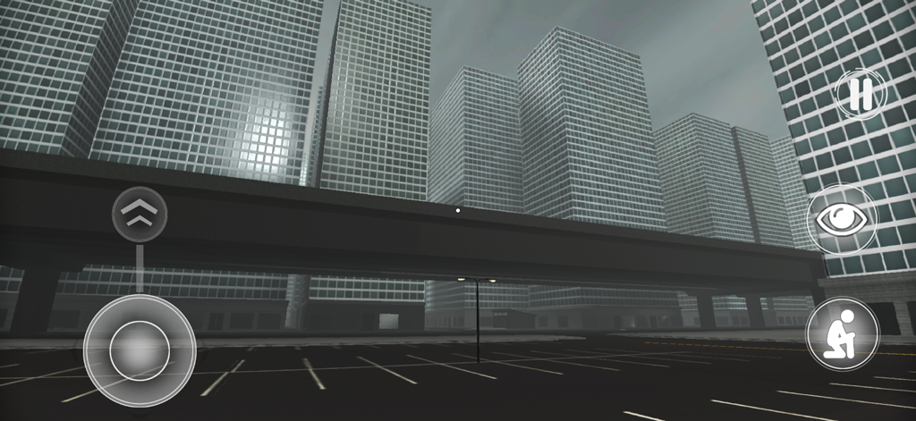A first-person view of a desolate urban landscape with towering skyscrapers in the Backrooms Endless City mobile game