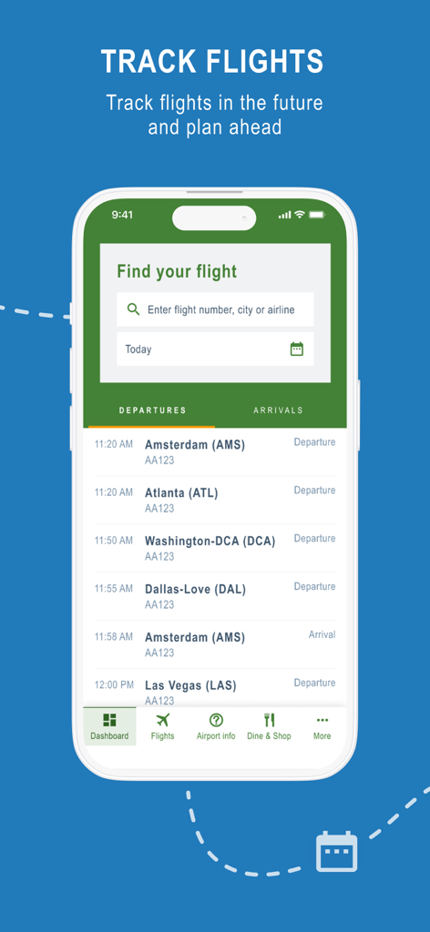 Houston Airports – Official - 出発便と到着便のリストを表示する公式ヒューストン空港アプリのフライトトラッカー画面
