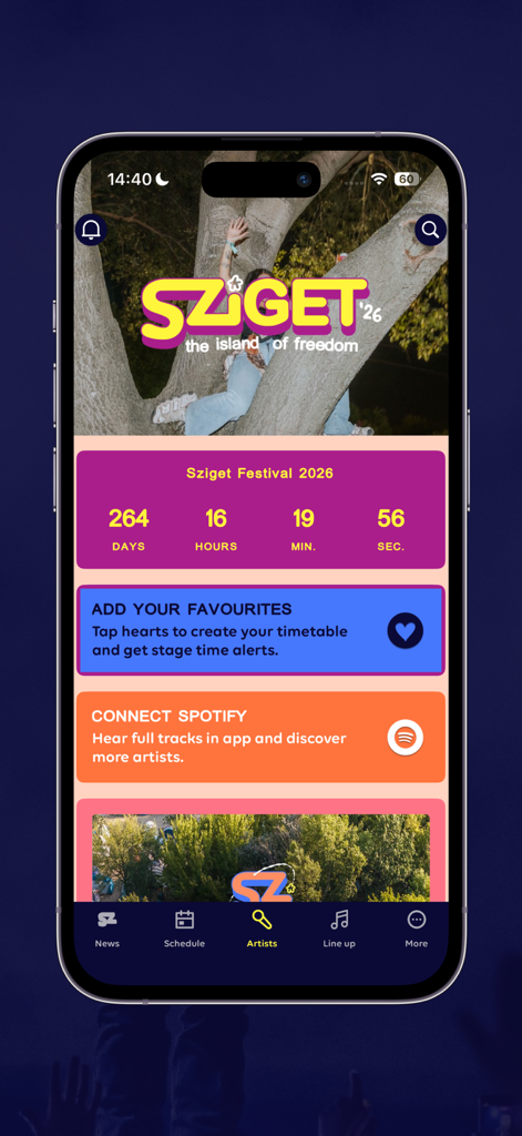 Sziget Festival mobile app home screen featuring a countdown timer to the 2026 event and Spotify integration