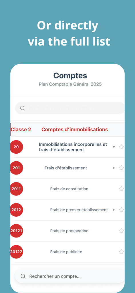 Mobile app screen showing a hierarchical list of French accounting codes under the fixed assets category.