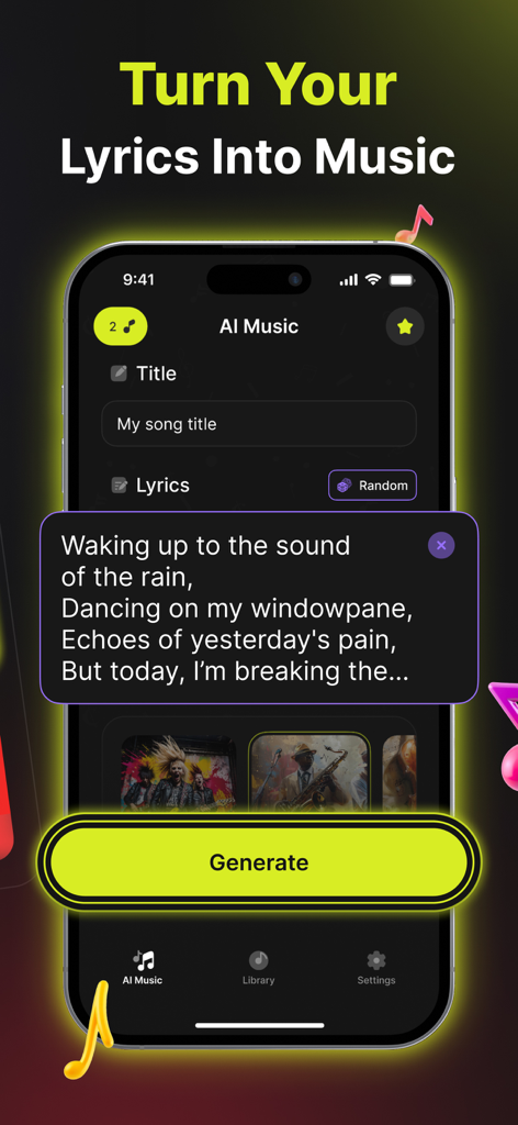 AI Song Generator & Music App - Interfaz de la app Generador de Canciones IA que muestra una sección de introducción de letras y un botón para generar música