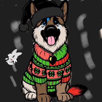 german shepherd wearing a santa hat and wearing a xmas sweater