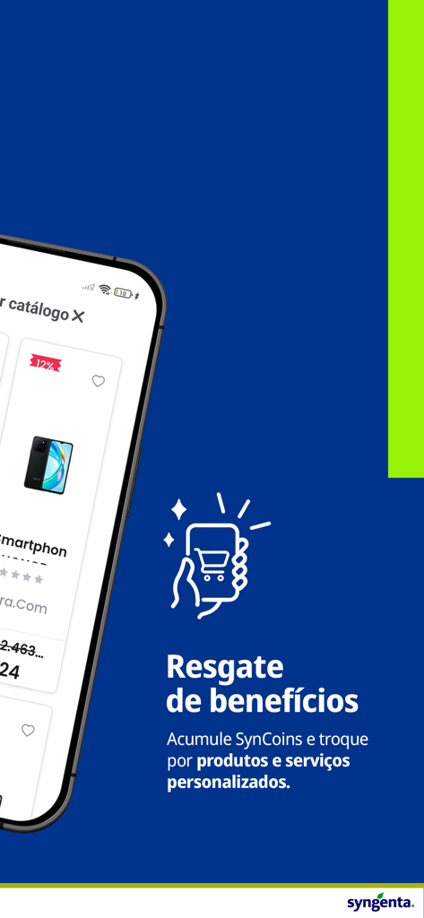 Acessa Agro - Tela do aplicativo Acessa Agro destacando o resgate de benefícios e o programa de fidelidade SynCoins