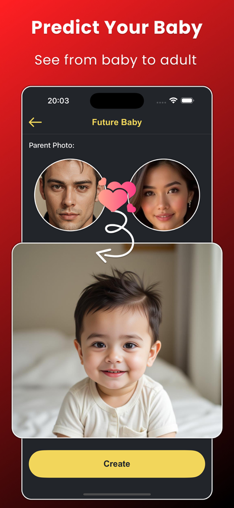 Face Over: AI Face Swap - Interface of the Face Over app showing the AI future baby predictor feature with parent photos and a baby result