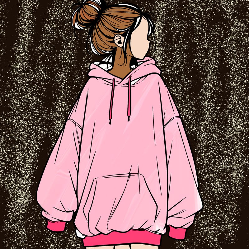 realistic girl with a oversized sweatshirt on and a bun