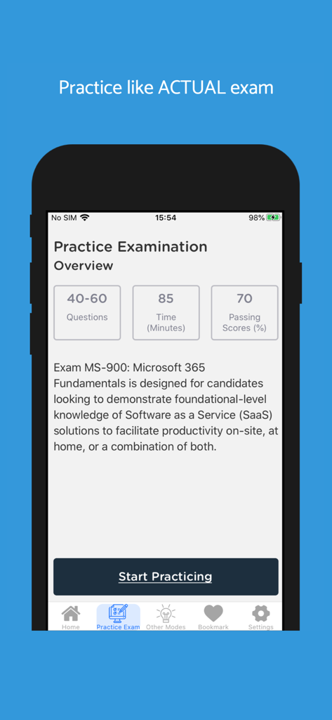 Oberfläche der MS-900-Prüfungsvorbereitungs-App, die Details zur Übungsprüfung anzeigt, einschließlich der Anzahl der Fragen, des Zeitlimits und der Bestehensquote.