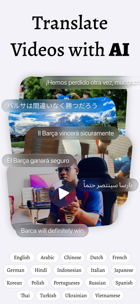 Sub AI - Video Translator - Écran de l'application Sub AI affichant la traduction vidéo par IA dans plusieurs langues comme l'anglais, l'arabe et l'espagnol.