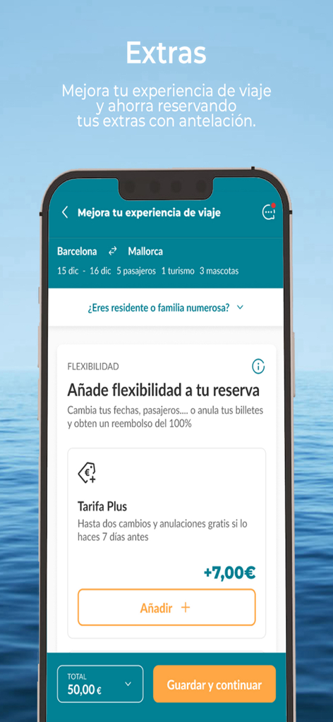 BALEÀRIA: Travel by ferry - Schermata dell'app Baleària che mostra opzioni per aggiungere funzionalità di tariffa flessibile a un biglietto del traghetto