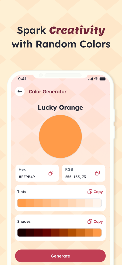 RandomX: Randomizer - RandomX app interface displaying a random color with its hex and rgb values