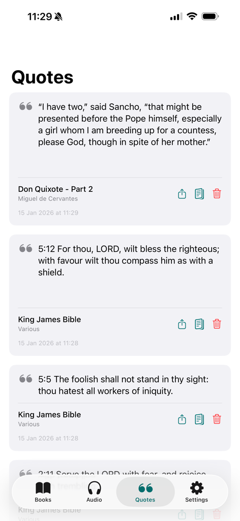 UniBook - Books without limits - UniBook app quotes interface displaying a list of saved book passages and highlights.