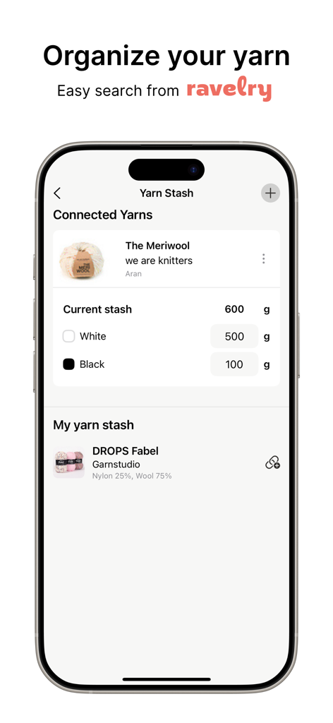 Knitflow — Knitting & Crochet - Interfaz de la aplicación Knitflow que muestra la gestión de inventario de hilos con conteos de inventario e integración de Ravelry.