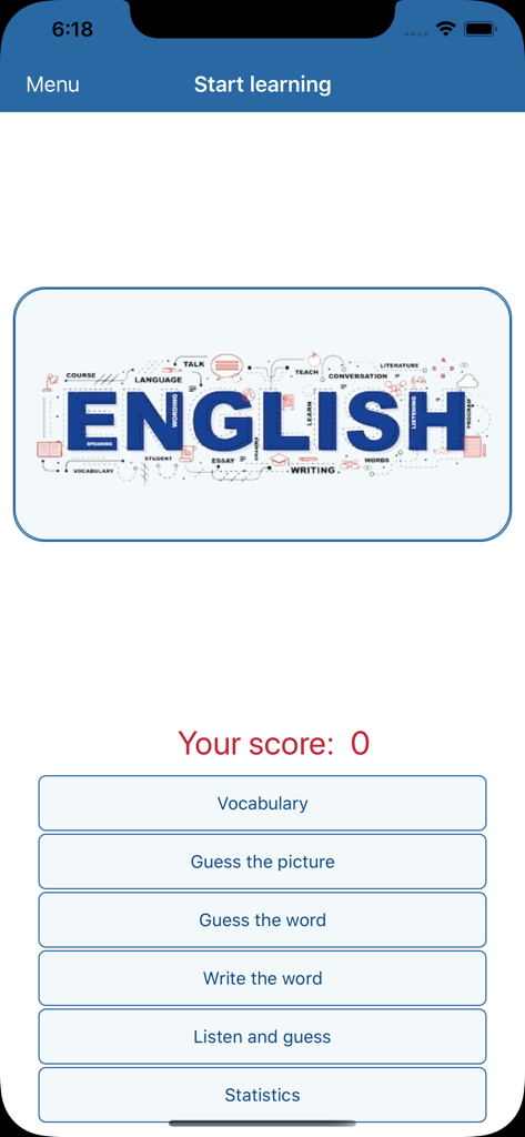 Learn English Vocabulary Pro - Main menu screen of the Learn English Vocabulary Pro app showing various game modes and learning options