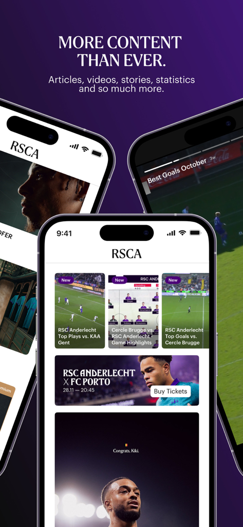 Mobile screens of the RSCA Official app showing soccer video highlights and match information