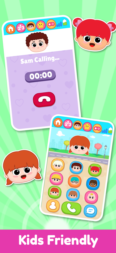 Interface of the Baby Smart Phone app showing a simulated video call and character dial pad for toddlers