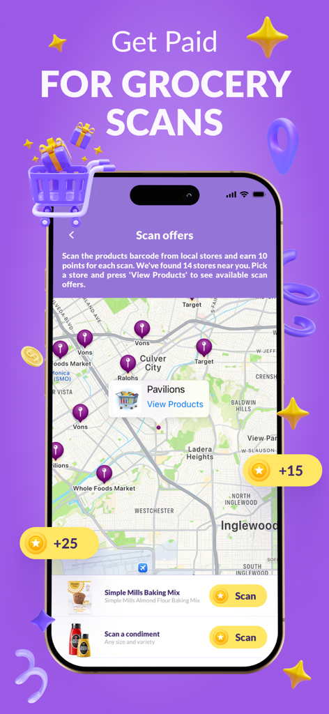 Tela do aplicativo móvel mostrando um mapa de supermercados locais com opções para escanear produtos para ganhar pontos de recompensa