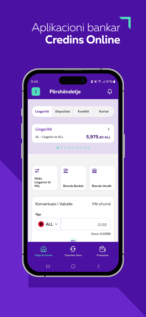 CREDINS online - Credins Online mobile banking app home screen showing account balance in Albanian Lek and currency converter
