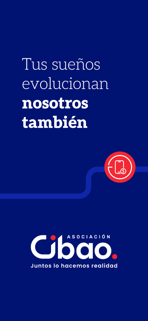 Schermata di benvenuto dell'app Movil Banking Cibao con il logo e lo slogan dell'Asociación Cibao