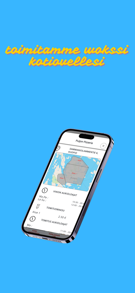 Puijon Pizzeria - Puijon Pizzeria app interface on a mobile phone showing delivery map and opening hours