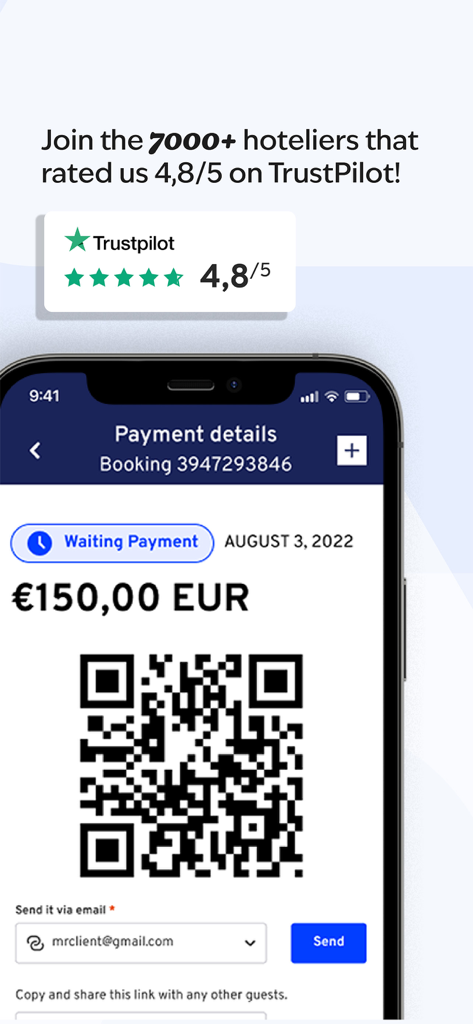 Schermata dell'app mobile Amenitiz che mostra i dettagli di pagamento della prenotazione e un codice QR per i pagamenti degli ospiti