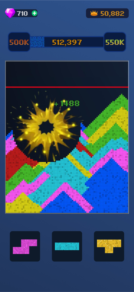 O jogo de puzzle de blocos Sand Blast mostrando areia colorida e um efeito de explosão