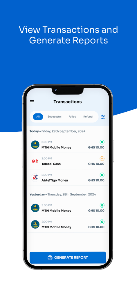 Bank POS - A smartphone screen displaying the transaction history and report generation feature of the Bank POS app.