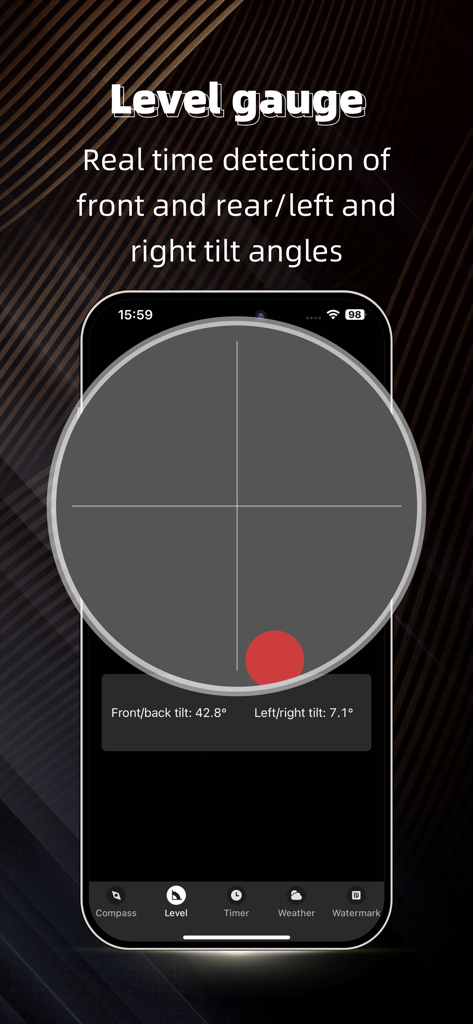 Compass - GPS positioning - Level gauge interface for measuring tilt angles