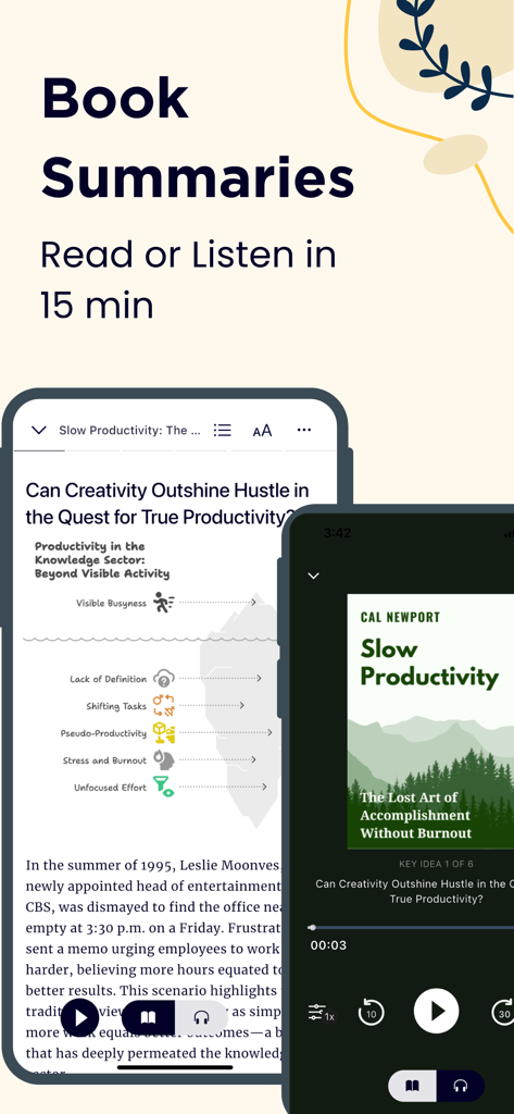 Book Summaries: Accelerated - The Book Summaries Accelerated app showing a text summary with infographics and an audio player interface for quick learning
