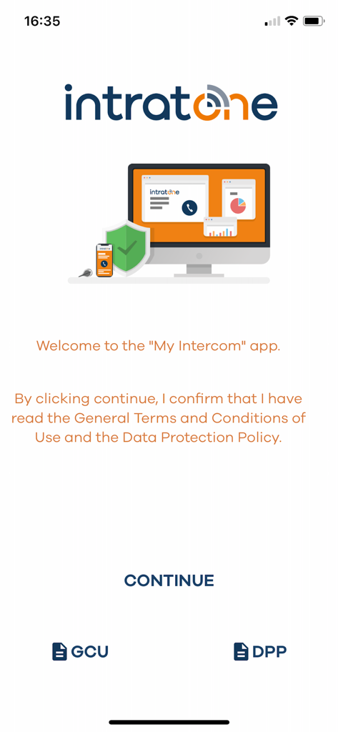 My Intratone - My Intratoneアプリのウェルカムスクリーン。セキュリティイラストと「続行」ボタンが表示されています。