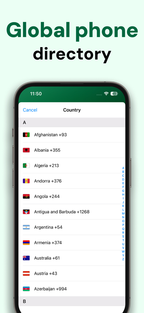 CallGuru interface showing a list of international country calling codes in a global phone directory