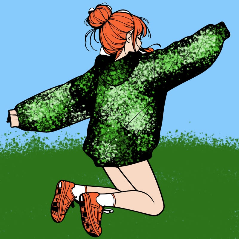 realistic girl jumping with a bun and oversized sweatshirt