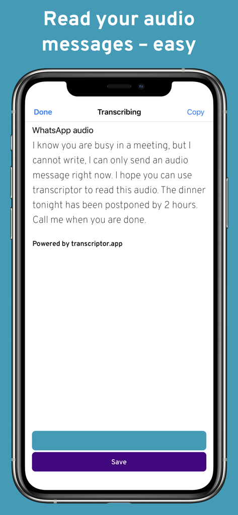 transcriptor for WhatsApp - Captura de tela do aplicativo Transcriptor mostrando uma mensagem de voz do WhatsApp convertida em texto legível em um iPhone